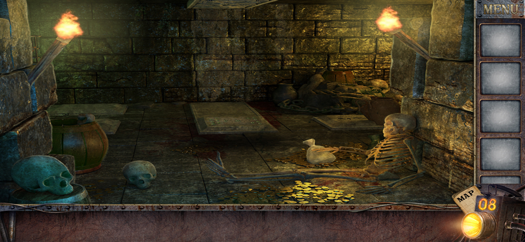 A dungeon room with a skeleton and gold coins in the Room Escape Prison Break game