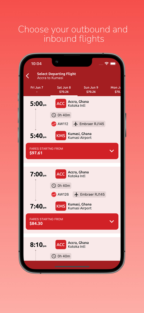 Africa World Airlines - Tela do aplicativo Africa World Airlines mostrando voos disponíveis de Acra para Kumasi com horários e preços