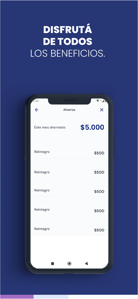 Billetera Santa Fe - Billetera Santa Fe App-Oberfläche, die den monatlichen Sparbetrag und die Cashback-Transaktionshistorie anzeigt
