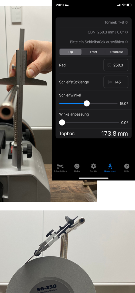Grindcalculator - Grindcalculator Mobile App-Oberfläche zur Berechnung exakter Schärfwinkel an einer Nassschleifmaschine
