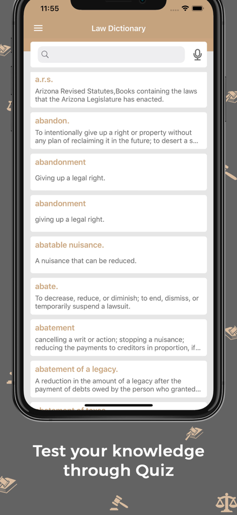 Law Dictionary : Offline - Mobile app interface displaying a list of legal terms and their definitions in alphabetical order