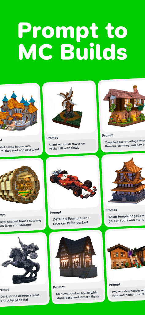 BuilderGPT – AI MC Builder - A grid showing various Minecraft structures like houses, a car, and a statue generated from AI text prompts.