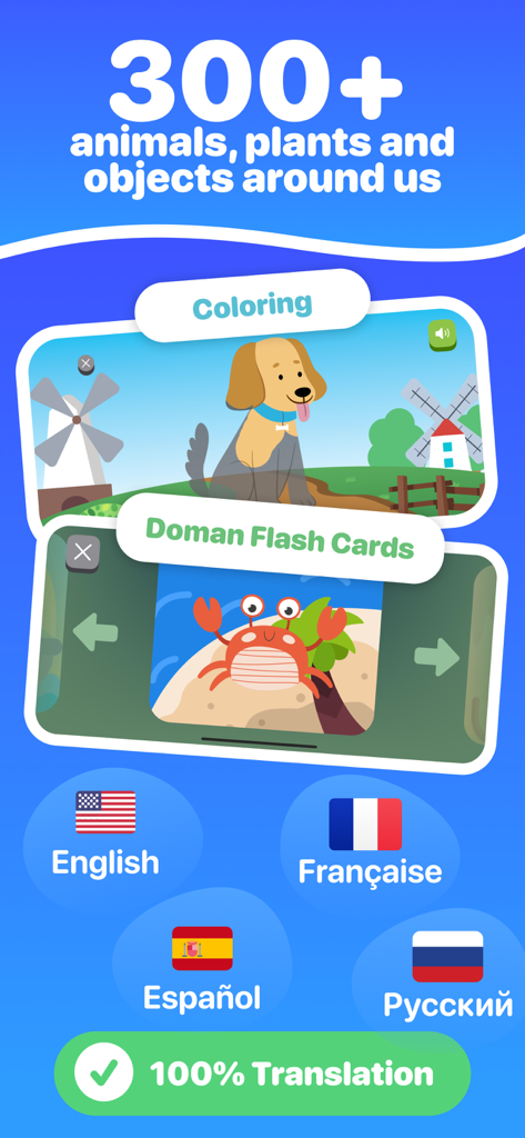 Toddler puzzle games for baby - Educational screen showing coloring and flashcard features with support for English French Spanish and Russian languages
