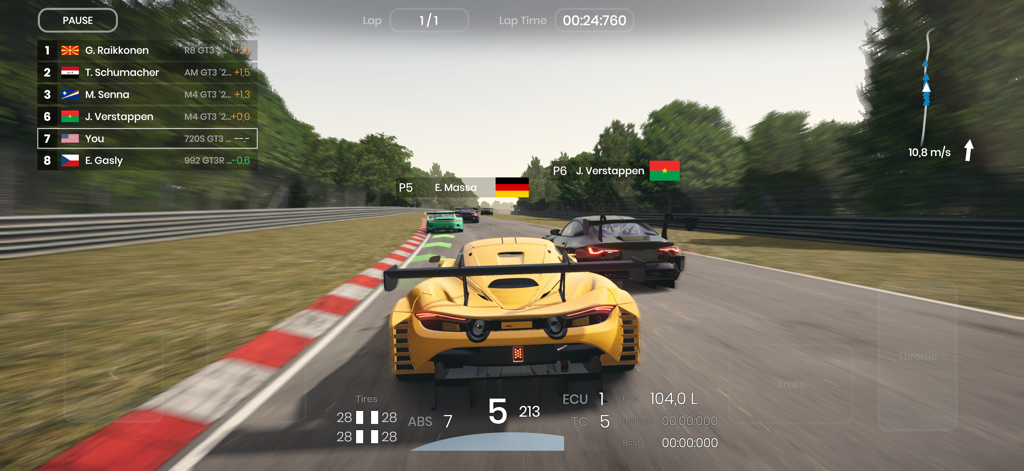 Yellow GT3 race car on a track with technical HUD and telemetry data