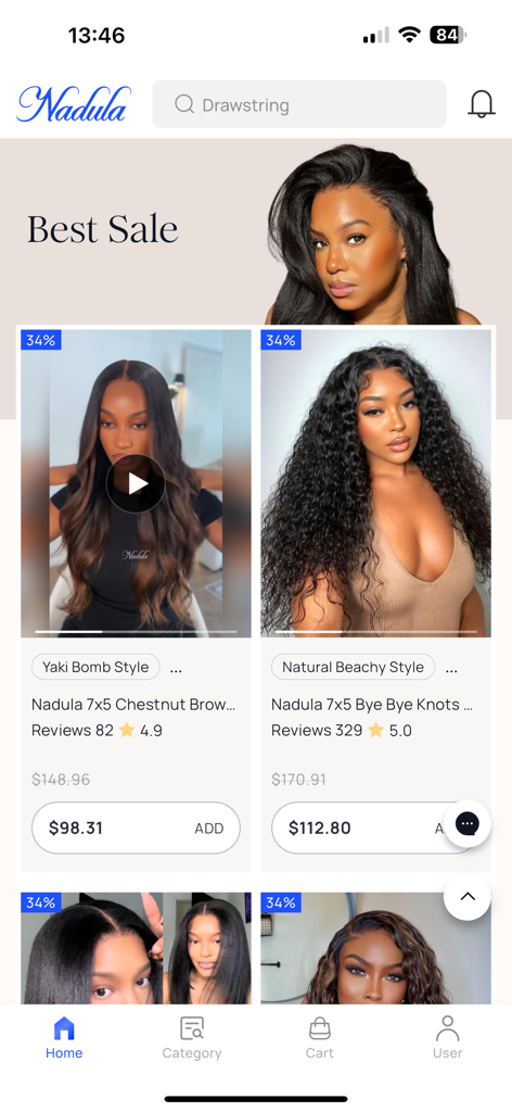 Nadula Wig - Nadula Wig app shop page showcasing best selling human hair wig styles and discounted prices.