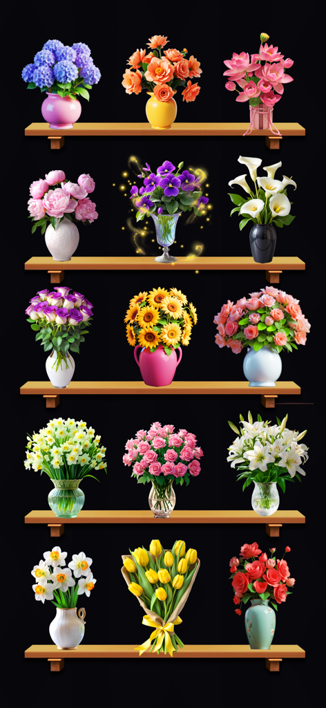 Happy Bloom Blast - Fileiras de buquês de flores coloridas em vários vasos em prateleiras de madeira