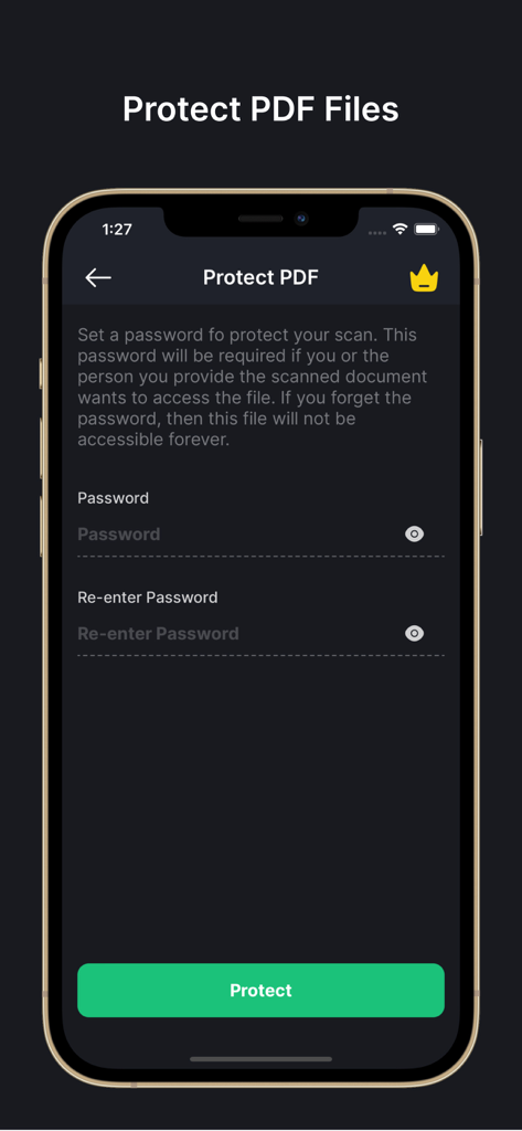 PDF Compressor: Size Reduce - Mobile app interface showing the Protect PDF screen where users can set and confirm a password to lock their documents.