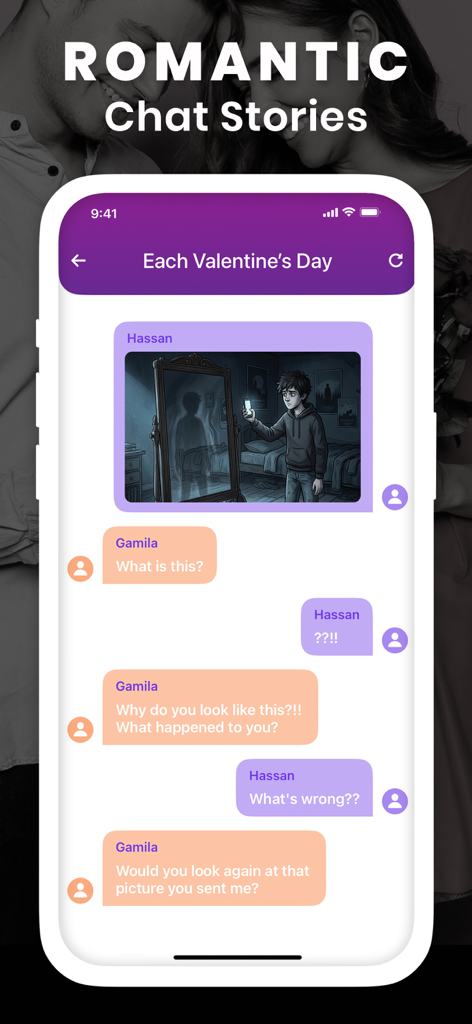 Text Story - chat stories read - Un teléfono inteligente mostrando una historia de chat romántica interactiva con una foto misteriosa compartida entre dos personas