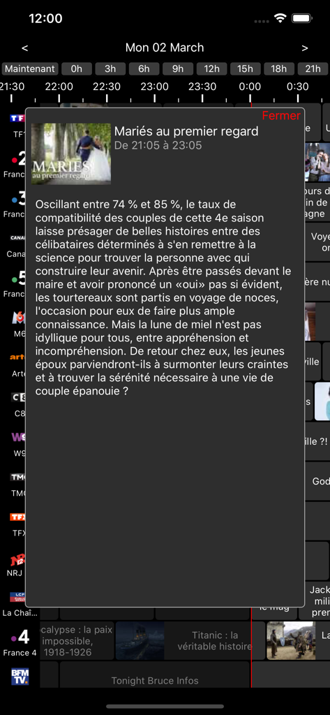 Detaillierte Ansicht einer TV-Programmbeschreibung in der Guide TV pour Freebox v6 Mobil-App, die eine Zusammenfassung der Sendung Maries au premier regard zeigt