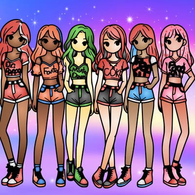 a group of girls wearing crop tops and shorts