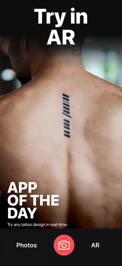 InkHunter app showing a virtual tattoo preview on a person back using AR technology