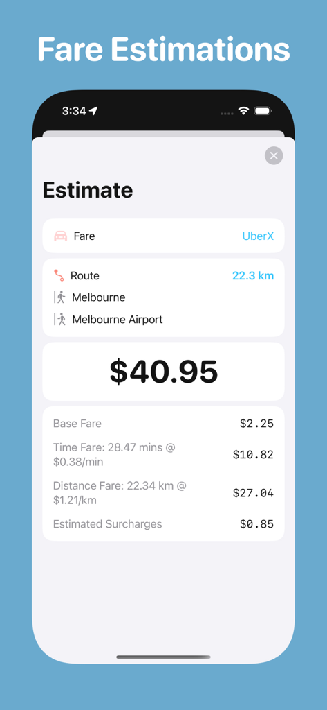Taxi Meter - Cab Fares - Pantalla de estimación de tarifas que muestra un desglose detallado de los costos de un viaje en taxi