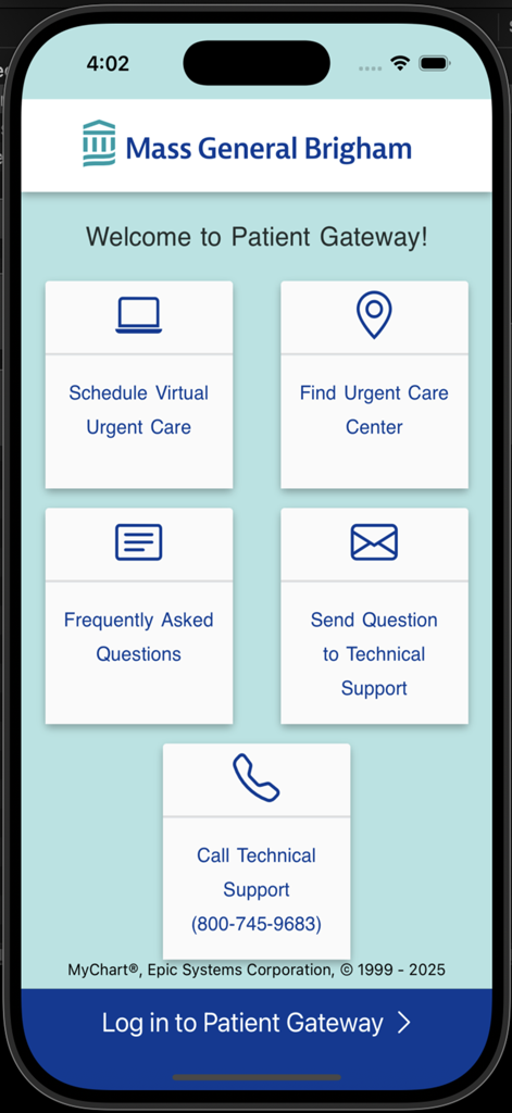 Tela de boas-vindas do aplicativo Mass General Brigham Patient Gateway com opções para cuidados urgentes e suporte.