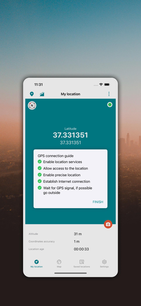 Interface of My GPS Coordinates app showing current latitude and a GPS connection checklist on a smartphone screen