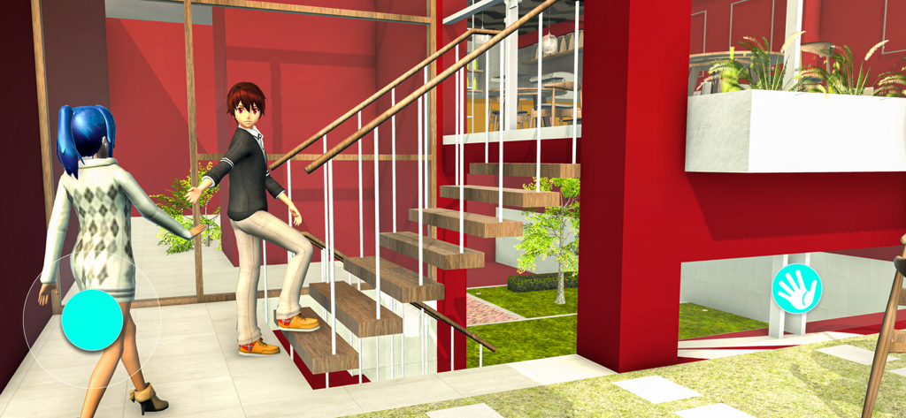 Anime High School Dating Game - Anime-Junge und -Mädchen-Charaktere in einem modernen Schulgebäude mit Holztreppen.