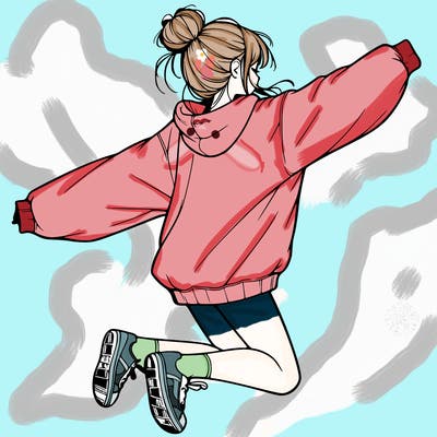 realistic girl jumping with a bun and oversized sweatshirt