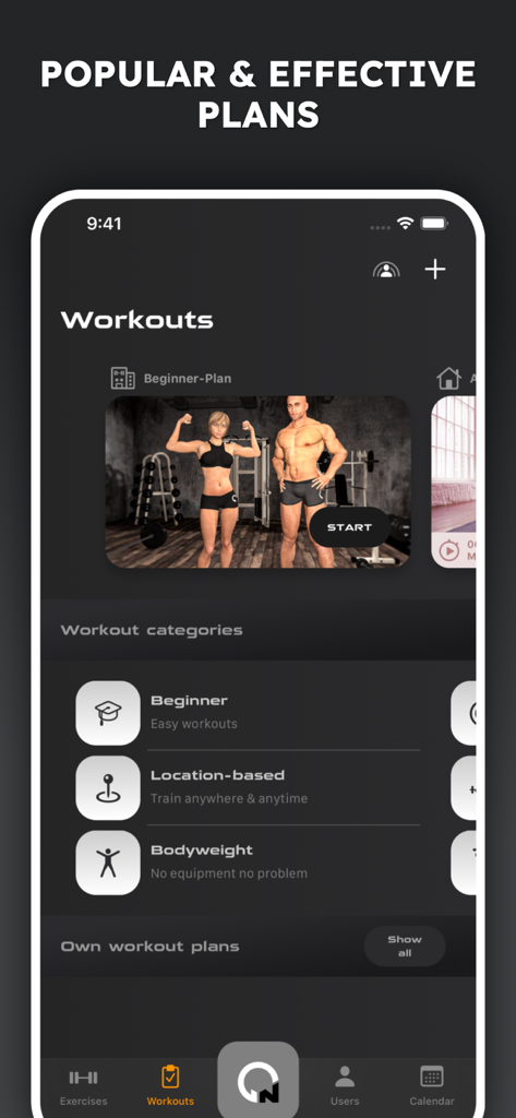 Gym Workout Tracker Planner AI - Interfaz de la aplicación rastreadora de ejercicios Gymnotize que muestra planes de entrenamiento populares y categorías de fitness con modelos de personajes en 3D