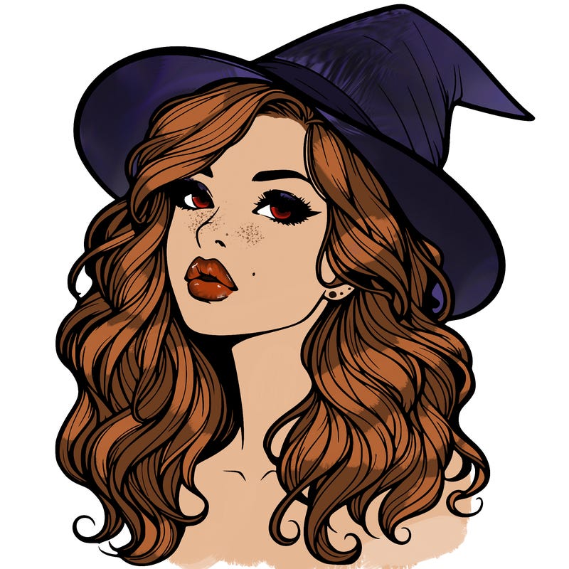 realistic witch girl with wavy hair and lips