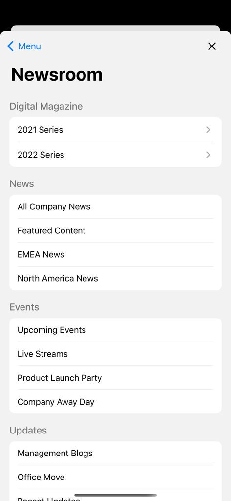 my intranet by Interact - Mobile newsroom menu showing corporate news events and blog updates