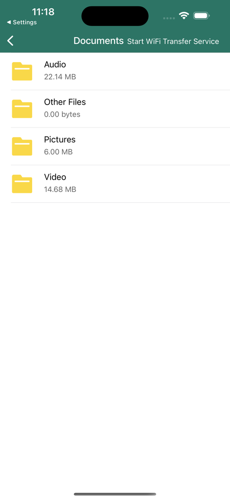 FileMaster Pro - Interfaccia dell'app FileMaster Pro che mostra cartelle categorizzate per audio, immagini e video con un'opzione di servizio di trasferimento wifi.