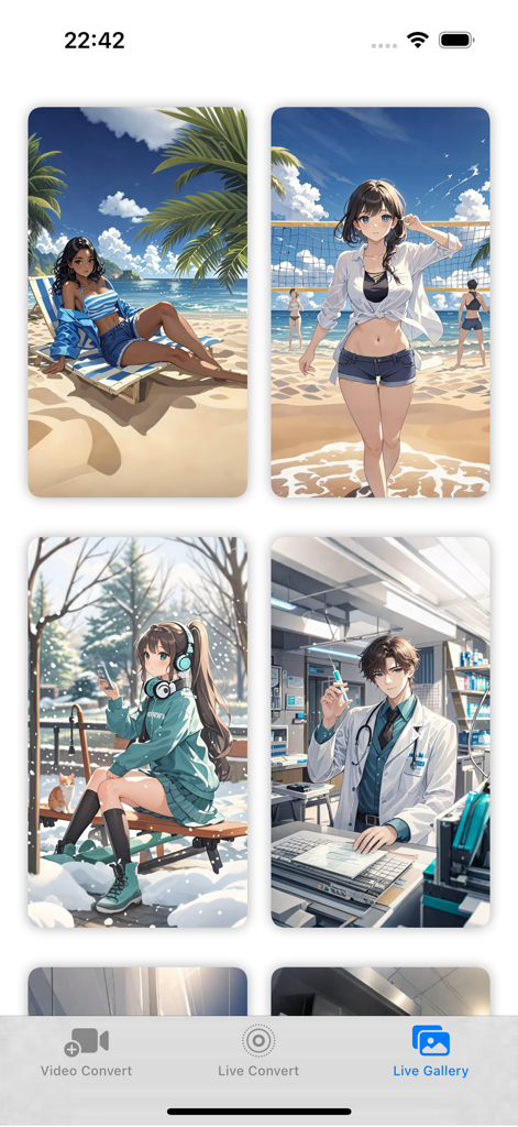 video to live photo converter - Oberfläche einer Live-Foto-Galerie-App, die verschiedene ästhetische Wallpaper-Optionen anzeigt, darunter Anime- und Strandmotive