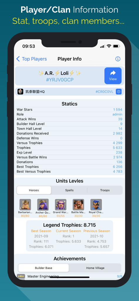Maps for Clash Of Clans - A mobile screen showing detailed Clash of Clans player statistics hero levels and trophy rankings