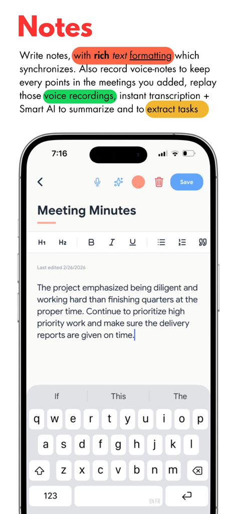 Interface do aplicativo OneMind mostrando anotações e atas de reunião com formatação de texto rica
