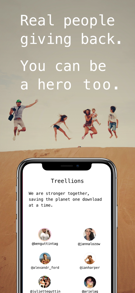 Treellions - We Plant Trees - Treellions app screen showing a community of users and a message about saving the planet through downloads