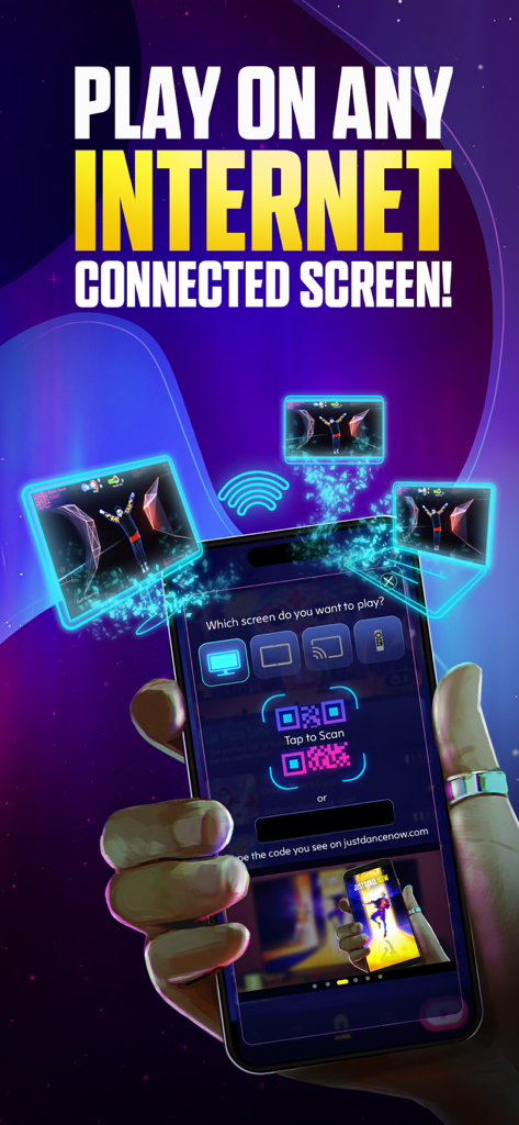 Just Dance Now - L'interface smartphone de Just Dance Now affiche les options permettant de synchroniser et de jouer au jeu sur un écran de télévision ou d'ordinateur portable à l'aide d'un code QR.