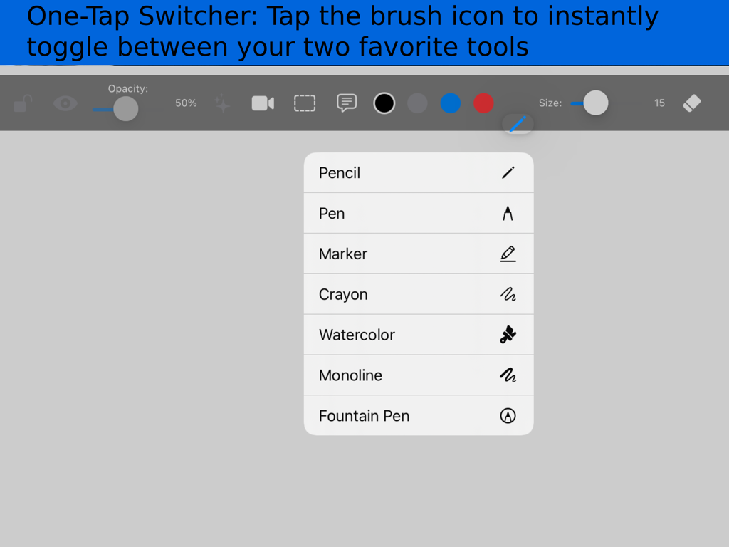 DrawLikePro - Selector de herramientas de la aplicación DrawLikePro mostrando opciones para lápiz, bolígrafo, marcador y acuarela