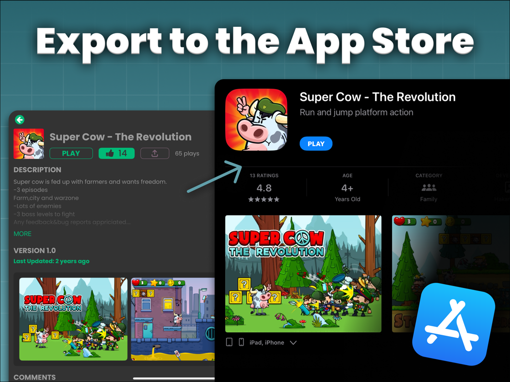 hyperPad Visual Coding on iPad - Un graphique illustrant le processus d'exportation d'un jeu créé avec hyperPad directement vers l'App Store d'Apple.