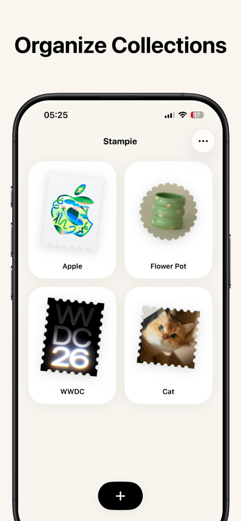 Stampie - Photo Stamps - A mobile app interface from Stampie showing a digital collection of photo stamps including a cat, a flower pot, and tech logos.