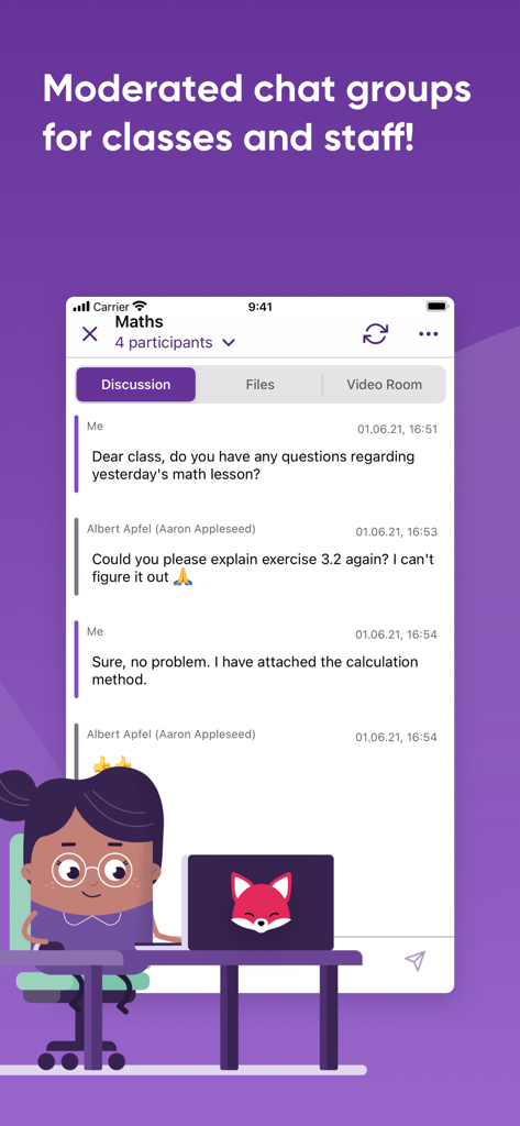 SchoolFox - Schulkommunikation - SchoolFox app interface showing a moderated chat group for a math class with discussion and video room options