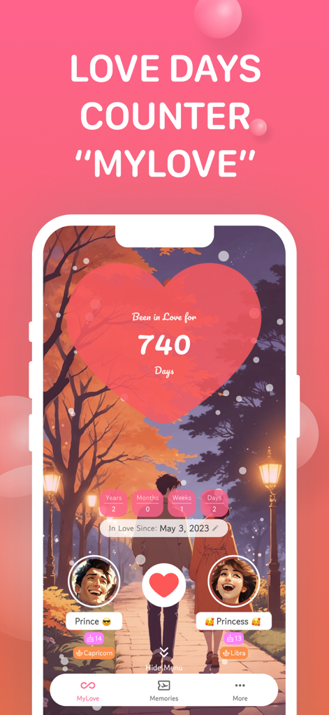 Love Days Counter : MyLove - Love Days Counter MyLove app home screen showing 740 days in love with couple avatars and romantic background