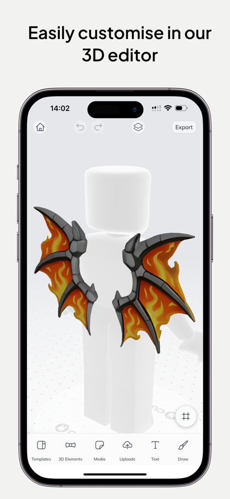 Interface de l'éditeur 3D de l'application mobile Customuse montrant un avatar bloc blanc avec de grandes ailes de dragon enflammées.