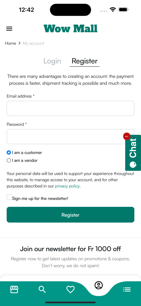 Wow_Mall - Wow Mall app registration screen for customer and vendor accounts