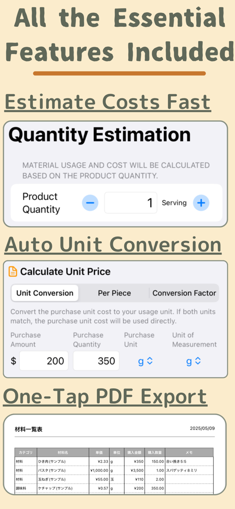 Key features of the food cost calculator app including quantity estimation unit conversion and PDF export