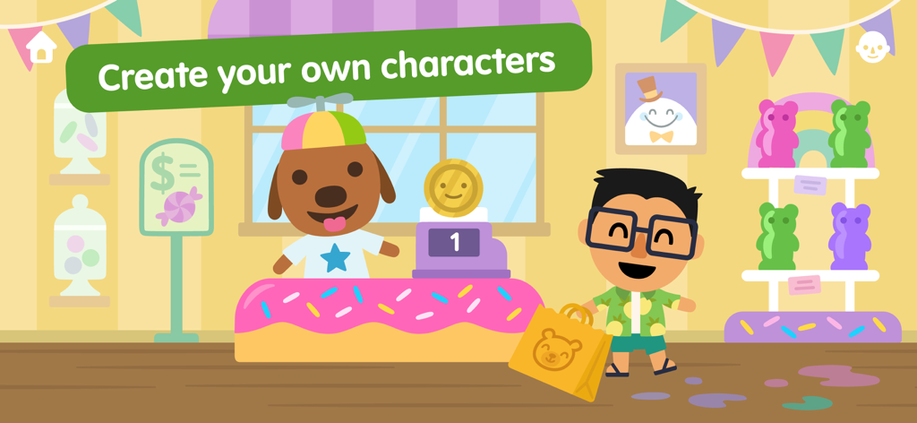 Personajes personalizables en una colorida tienda de dulces de la aplicación Sago Mini World