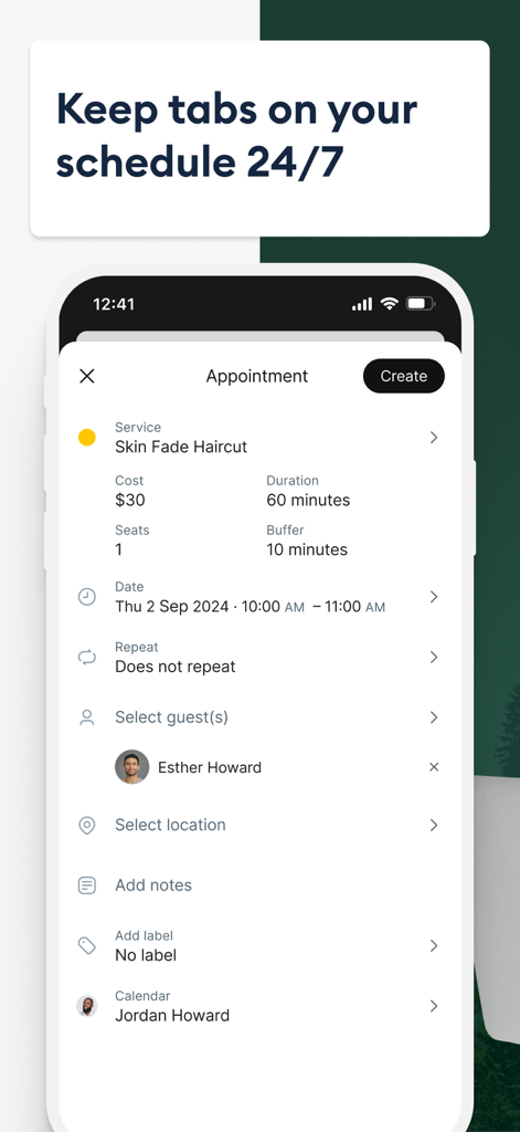Setmore Appointment Scheduling - カットの予約の詳細を表示するSetmoreアプリインターフェース。