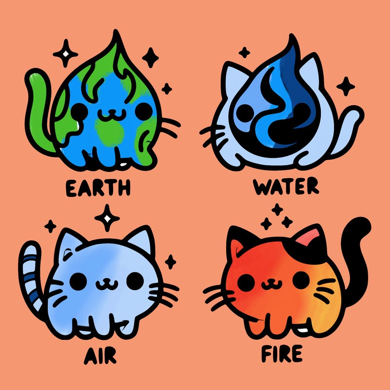 4 cats that represent the different elements, earth, water, air, and fire