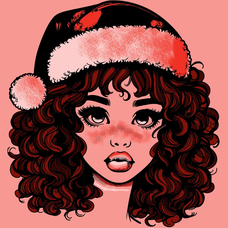 realistic girl with a santa hat curly hair and lips