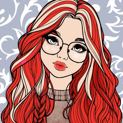 girl with long hair and freckles and glasses realistic