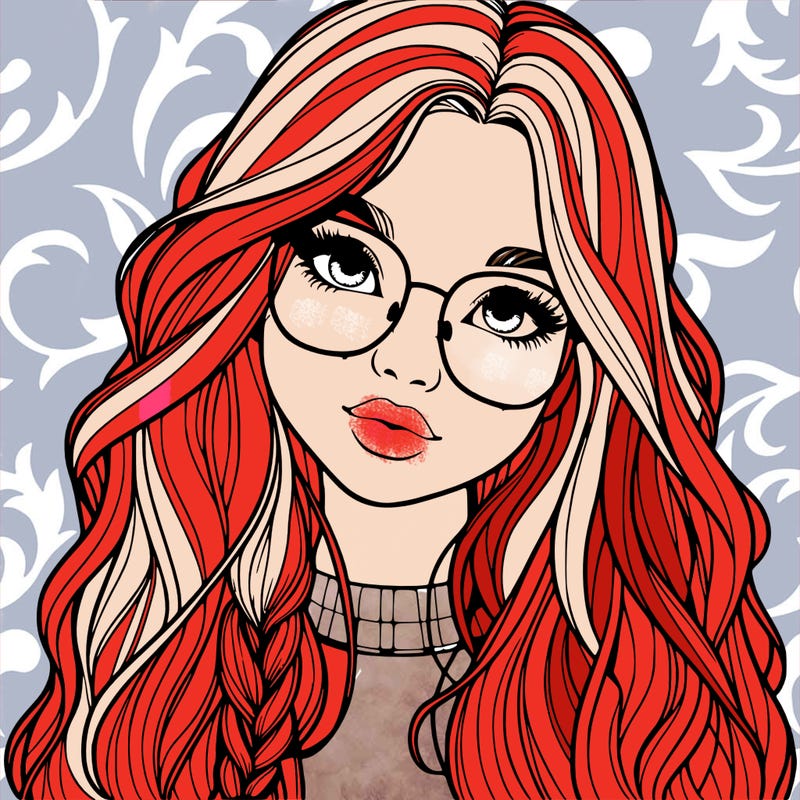 girl with long hair and freckles and glasses realistic
