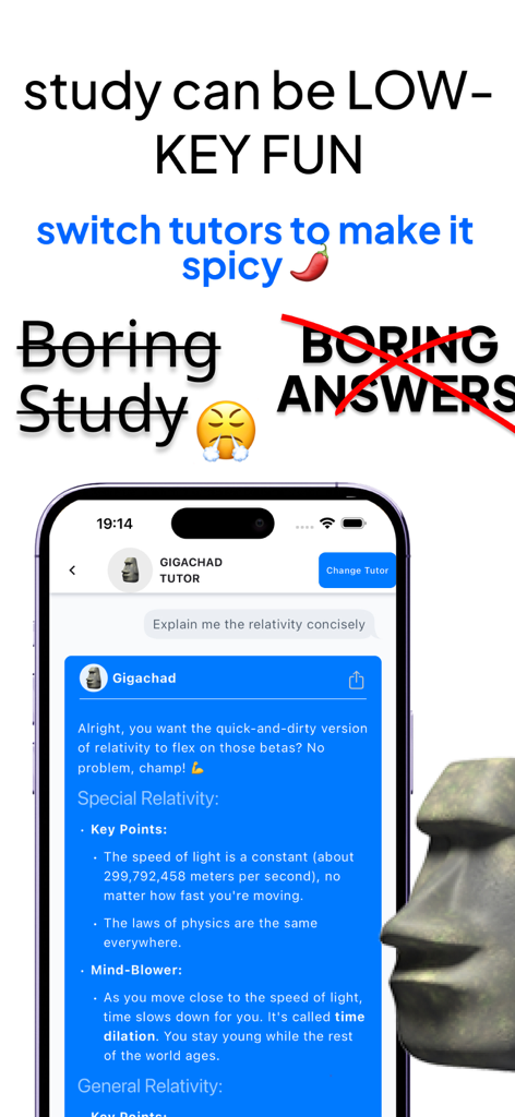 Interfaz de la aplicación Study Buddy mostrando la personalidad del tutor IA Gigachad brindando una explicación humorística y concisa de la relatividad.