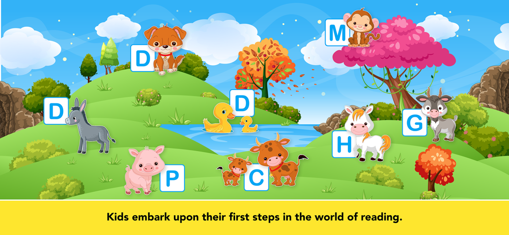 Animales de dibujos animados en un paisaje colorido que muestran el emparejamiento de letras para el aprendizaje temprano de la fonética.