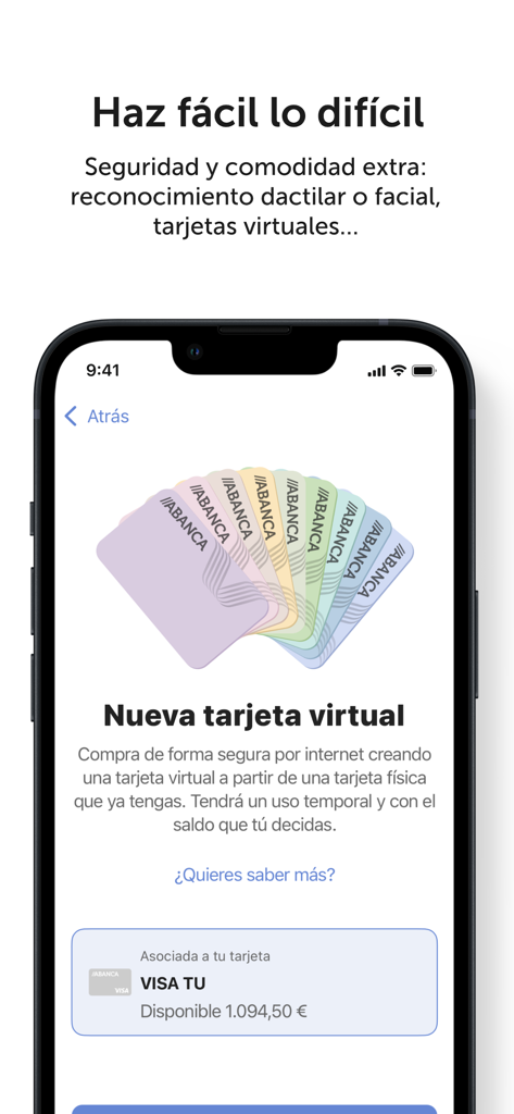 ABANCA - Mobile Banking - Screen of the ABANCA mobile banking app showing the option to create a secure virtual card.