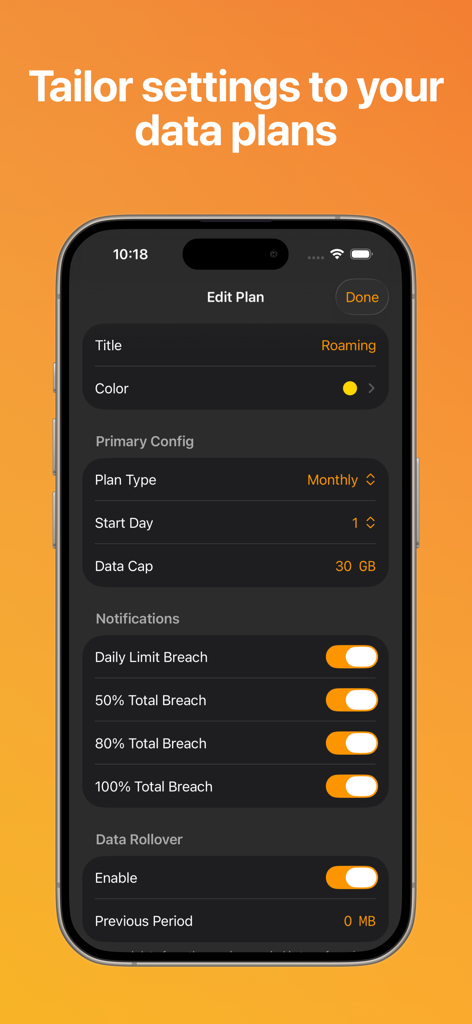 Didget: Data Usage Widget - Didget app screen showing data plan configuration and notification settings