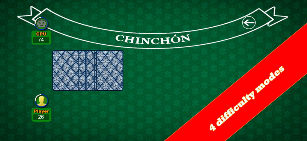 Pantalla de juego de Chinchón Pabroton mostrando una partida de cartas contra una CPU con un banner rojo resaltando cuatro modos de dificultad