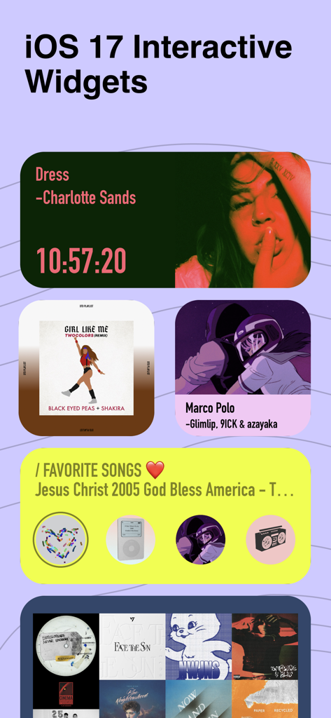 A collection of aesthetic iOS 17 interactive widgets for the Dtd Playlist app featuring music details and digital clocks.