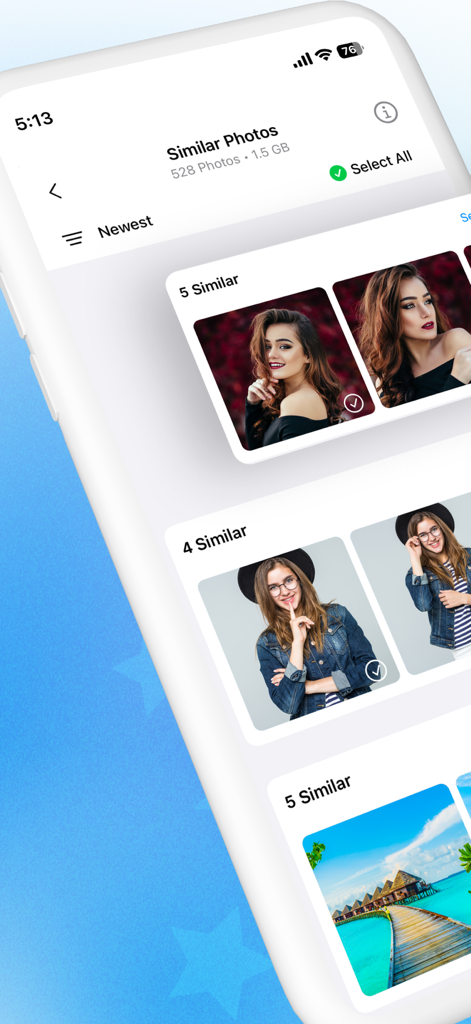 Storage Clean Up - CleanPro - Interfaz de la aplicación CleanPro que muestra grupos de fotos similares para optimizar el almacenamiento
